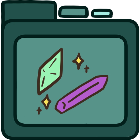 a teal file folder with a teal crystal and a purple crystal on it, that are surrounded by sparkles.